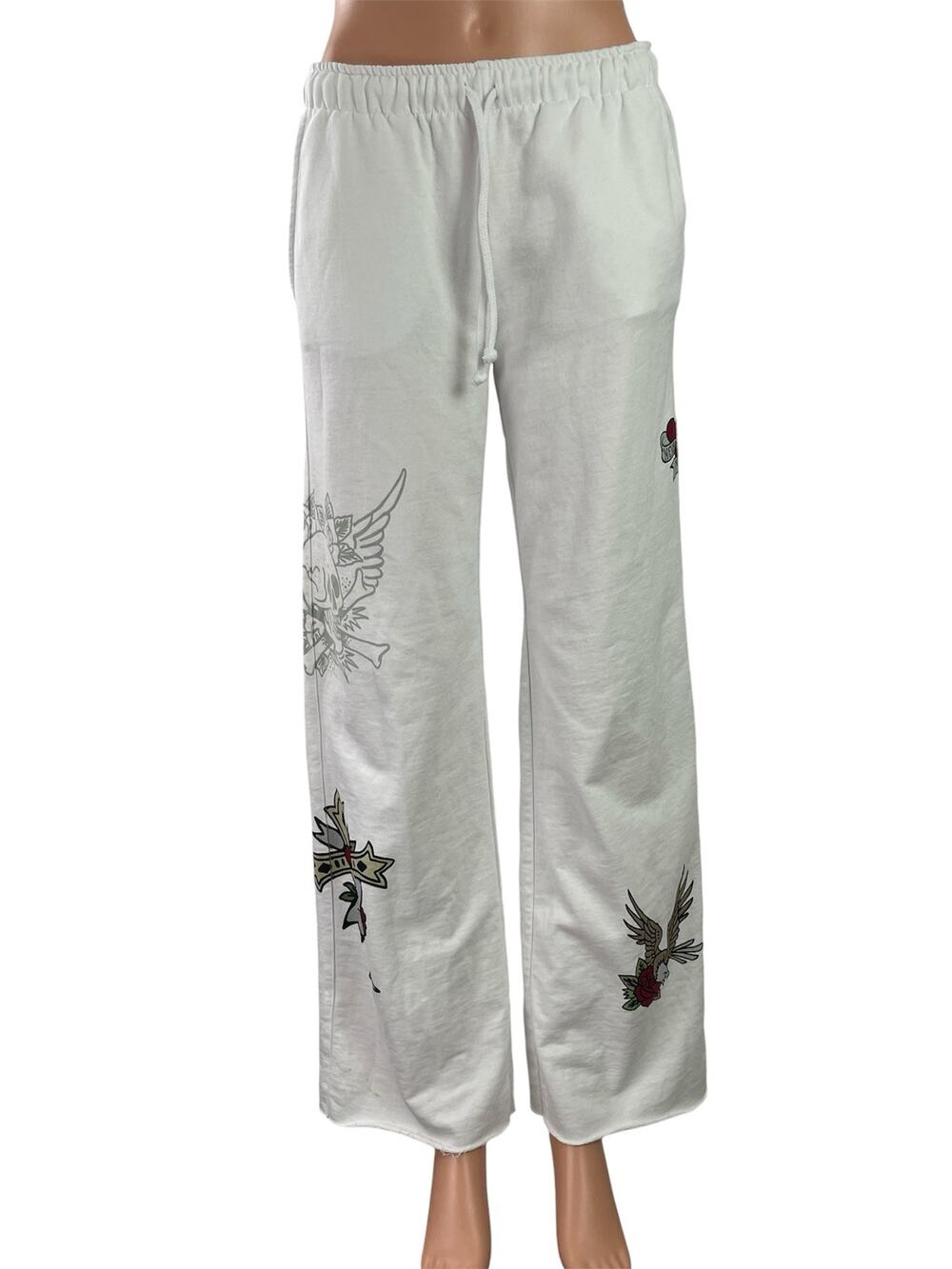 Subdued Women's White Drawstring Graphic Print High Rise Wide Leg Sweat Pants S